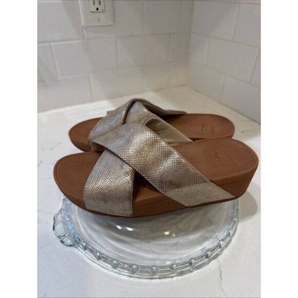 FitFlop Women Lulu Cross Slide Sandals Gold Shimmer Print Shoes Size 5 - Picture 2 of 13